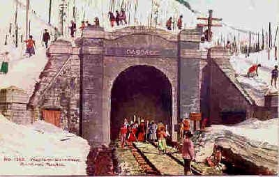 A postcard of the Original Cascade Tunnel Portal on Stevens Pass in Washington state served the GN Ry.