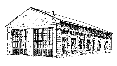 IC 100 ft. STONE ENGINE HOUSE. A three-quarter view line drawing of a two-stall enginehouse 
featuring large working windowed engine doors and an ornate facade. The building is constructed 
with rough limestone dressed with smooth cut stone pilasters. There are lots of windows.