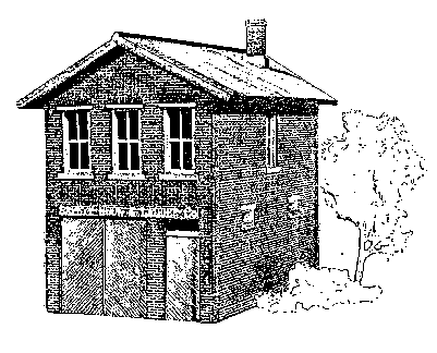 Safety Hook & Ladder Co. Firehouse. A three quarter view line drawing 
of this two-story brick structure. Features three four-pane windows across the 
front of the top floor with a large wooden engine door on the ground floor.