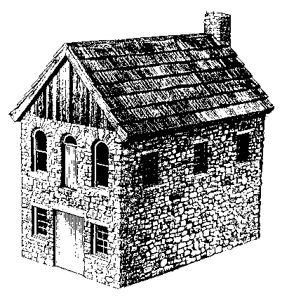 The Stone Shingle Mill. Three quarter view line drawing of a small 
two-story cobblestone structure built into a hillside.