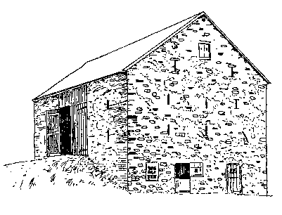 The Pennsylvania Slit-Window Bank barn. Three quarter view line drawing of a large barn featuring fieldstone end walls with its unique tall narrow slit windows, for ventilation.
